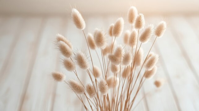 Fluffy cattail flower close-up on white wood surface, abstract view.