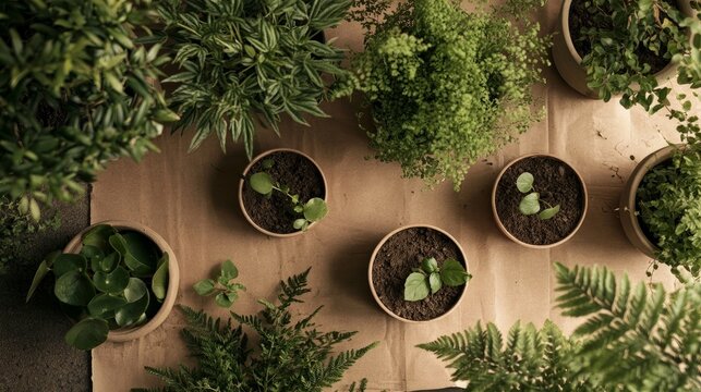 Gardener plants seedling on rustic paper, overhead view