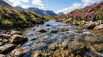 Obraz premium Serene Alpine River Flowing Through Rocky Terrain.