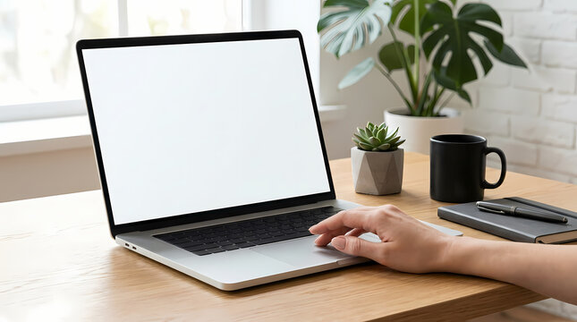 Blank Laptop Screen on Wooden Desk for Design Mockup
