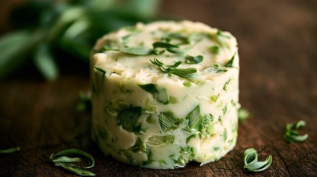 Creamy vegan cheese with herbs atop dark wood surface