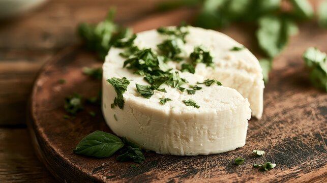 Creamy vegan cheese with herbs atop dark wood surface