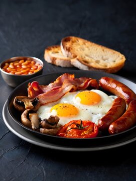 Classic English breakfast with fried eggs bacon sausages and beans on a plate