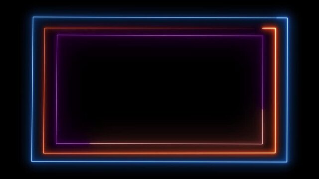 Glowing neon rectangle frame animation with vibrant changing color light motion