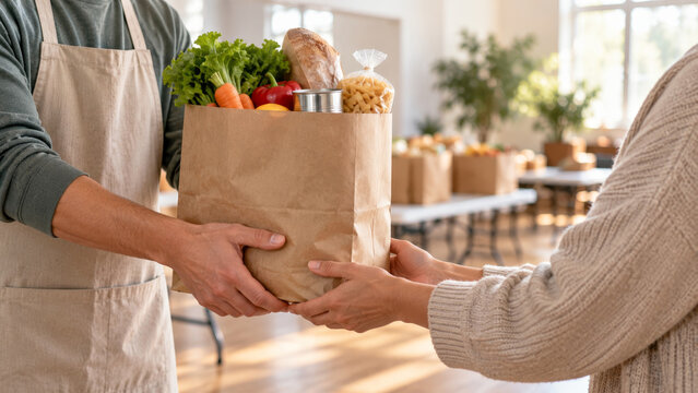 Man volunteer giving paper bag full of groceries to woman at food bank. Charity donation of fresh vegetables and bread in bright community hall.