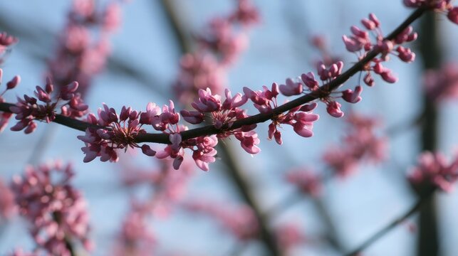 Purple blossoms bloom against a blue backdrop