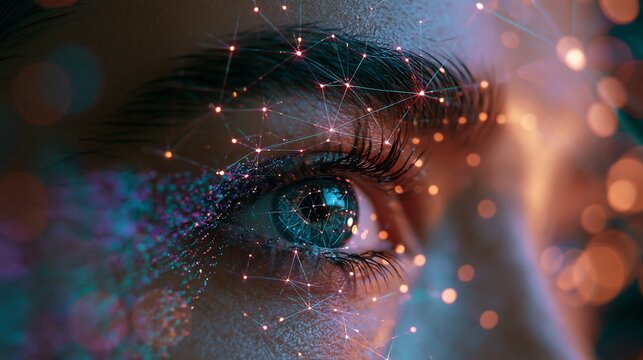 Futuristic biometric eye scan, digital human iris recognition technology, artificial intelligence data visualization