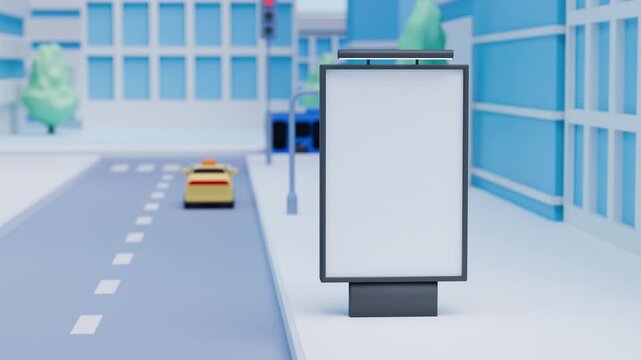 Animation of a city street, advertising banner with blank space for text. Minimalist 3D style of a downtown or business district, empty billboard. Tamplate for ads, branding or promotional content