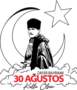 Graphic illustration of august 30 victory day with ataturk and crescent moon