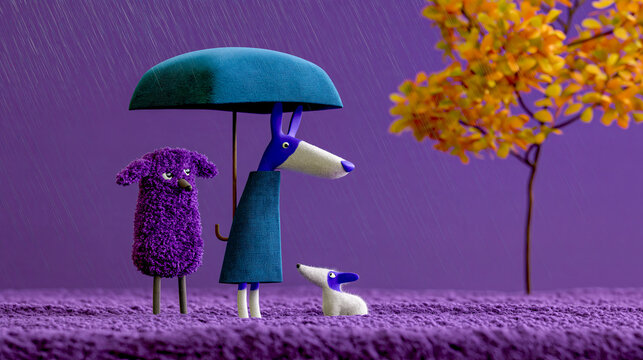 Verspielte Waldtiere in einer herbstlichen Fantasiewelt mit Regen, bunten Bl&auml;ttern und weicher Woll- und Filzoptik in kr&auml;ftigen Violett-, T&uuml;rkis- und Oranget&ouml;nen.