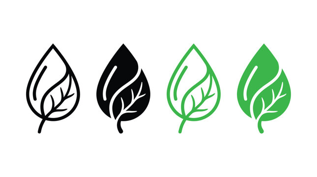 Leaf vector icons display black and green eco-friendly symbols on a plain background.