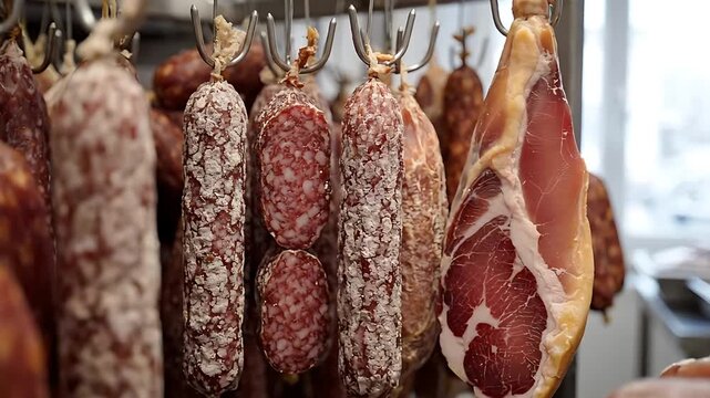 Cured Meats Hanging in a Butcher Shop, Slowly Rotating to Showcase the Artisanal Charcuterie Display. with Sausages