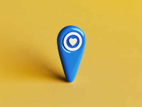 Glossy blue location pin marker with circular target symbol on yellow background for branding and design projects