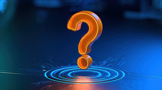 Futuristic glowing question mark icon floating in digital ripple effect with neon lighting