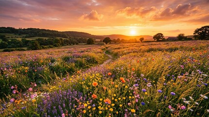 Obraz premium Golden Hour Serenity in Wildflower Meadows at Sunset.