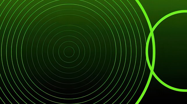 Neon green concentric circles and arcs forming abstract digital pattern with glowing dots