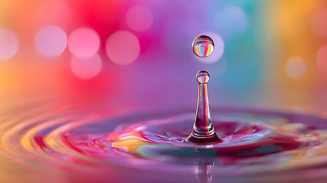 two transparent chemical droplets merging on a reflective surface, intricate fluid boundaries, colorful highlights, surface tension details, macro photography