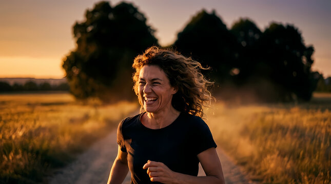Happy woman jogging outdoors at sunset