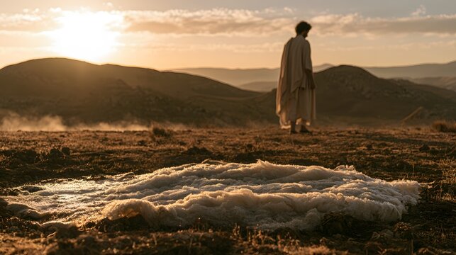 Biblical scene of gideons fleece on the ground at sunrise in a desert landscape with a figure in robes