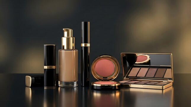 Set of luxury cosmetic makeup products including foundation bottle lipstick and eyeshadow palette. makeup combo offers