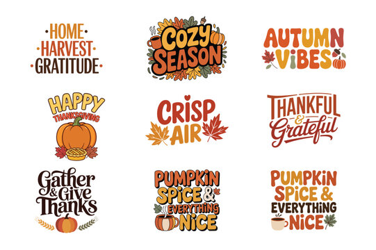 Autumn and Thanksgiving Typography T-shirt Design Bundle Fall Quotes Lettering Set.