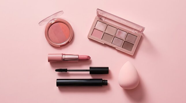 Set of makeup products including eyeshadow palette lipstick mascara blush and sponge on pink background. makeup combo offers