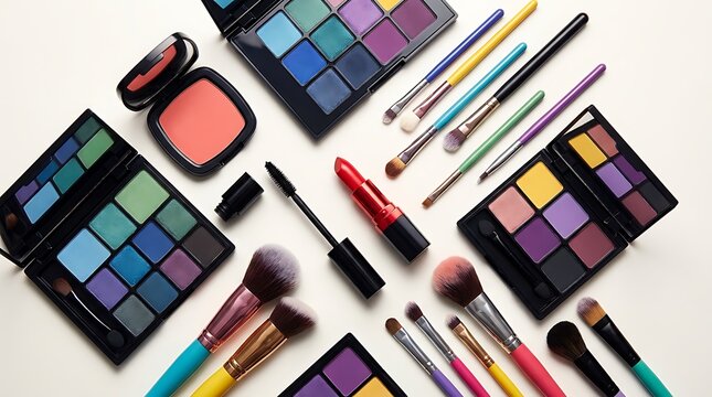 Colorful professional makeup brushes and eyeshadow palettes for beauty and cosmetic styling products. makeup combo offers