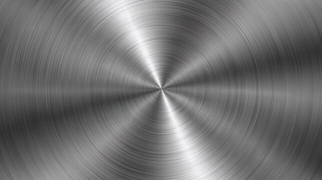 Circular brushed metal texture with radial light reflections on a steel surface