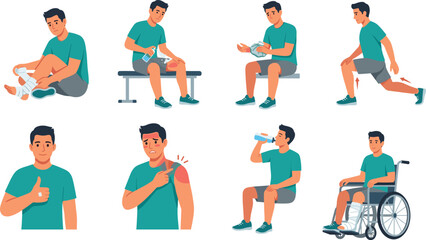 Fototapeta premium Sports Injury Recovery and Rehabilitation Exercise Character Vector Set