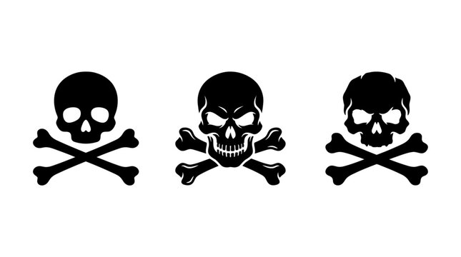 Black skull and crossbones icons set depicting danger hazard warning or pirate symbol on white background