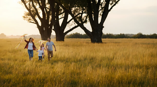 Happy Family Running with Kites in a Golden Summer Field