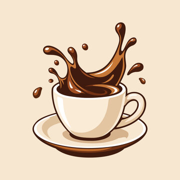 Coffee Cup with Splash and Flying Drops Flat Vector Illustration