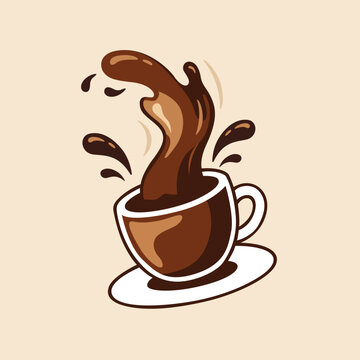 Coffee Cup with Splash and Flying Drops Flat Vector Illustration