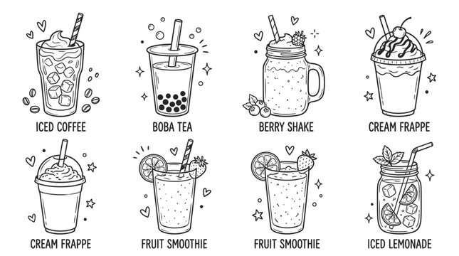 Set of hand drawn sketch summer cold drinks iced coffee boba tea berry shake cream frappe and fresh fruit smoothie