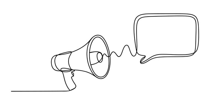 Continuous single line drawing of a megaphone with a speech bubble