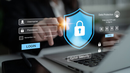 This image showcases a digital security concept with a laptop displaying a secure login interface...
