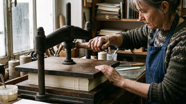 Female bookbinder using vintage book press to flatten folded pages in artisan workshop. Concept of maker, presses, bookbinding, craftswoman.