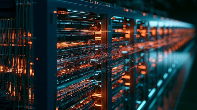 Massive Row of High Performance Data Center Server Racks with Glowing Orange Circuit Lights and Blue Neon Reflection Concept for Cloud Hosting Infrastructure, Big Data Storage, and Supercomputing.