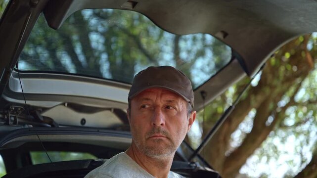 Casual man taking relaxing break sitting in open car tailgate outdoors. Concept of spontaneous road trips, outdoor travel leisure, vehicle camping, freedom, solo travel exploration. 4K.