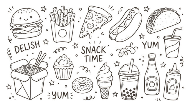 Hand drawn doodle set of fast food items including hamburger pizza taco noodles ice cream and drinks for snack time