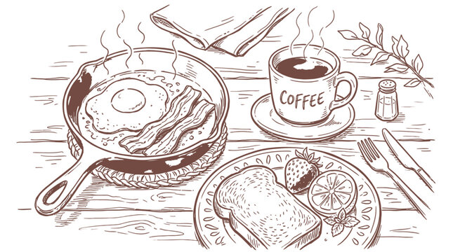 Delicious breakfast with fried egg bacon toast coffee and fresh fruit on a rustic wooden table in a hand drawn style