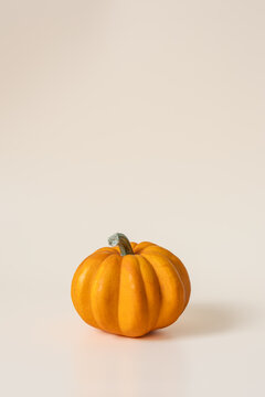 Orange pumpkin on beige background with copy space above for seasonal design template