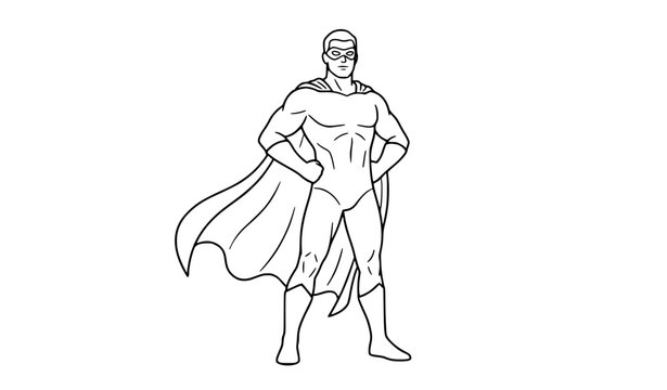 Standing superhero pose minimalist outline line art character vector illustration