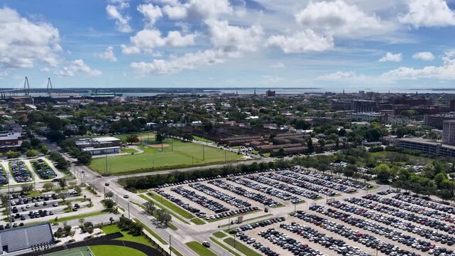 Aerial footage of homes, office buildings and apartments in Charleston South Carolina USA