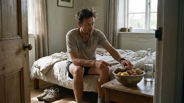 Athlete sitting on bed preparing fresh fruit and water after morning workout. Concept of runner, bowl, prepares, day, fruit bowl, healthy breakfast, preparing food.