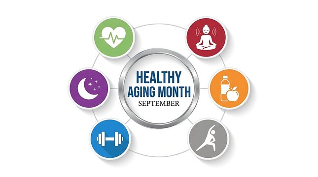 Healthy aging month concept infographic with circular icons and fitness elements