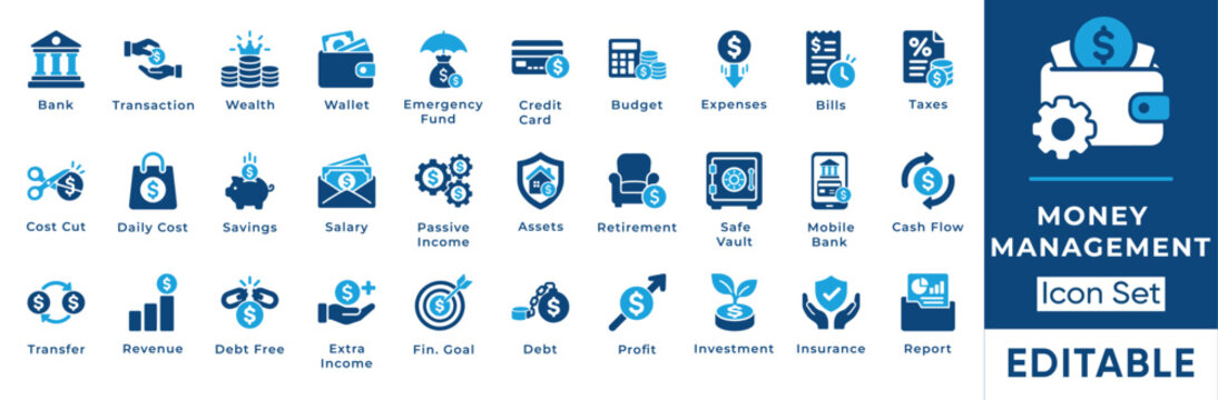 Money management and personal finance solid icon set. Includes symbols for Passive Income, Emergency Fund, Mobile Bank, and Cash Flow. Editable vector icons for banking and accounting.