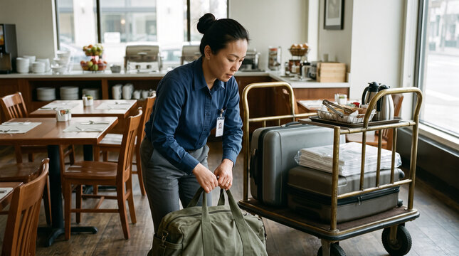 Hotel staff member loading guest luggage onto service cart in dining area. Concept of worker, hospitality, concierge, baggage, bellhop.