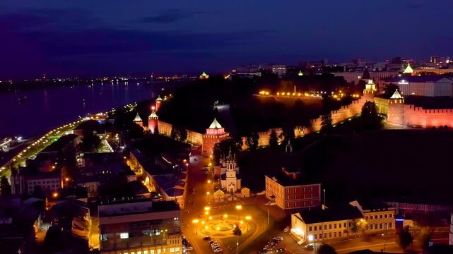 Nizhny Novgorod, Russia. Drone footage of the Kremlin walls of Nizhny Novgorod. Night time. Drone footage, Point of interest