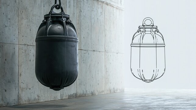 Black Buoy Hanging from Concrete Wall